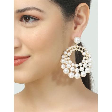 Buy OOMPH White Pearls Large Circular Fashion Drop Earrings Party Wear ...