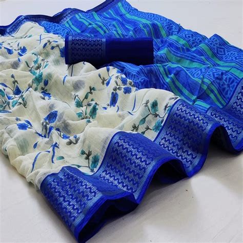 White-Blue Festive Wear Floral Printed Woven Border Cotton Saree