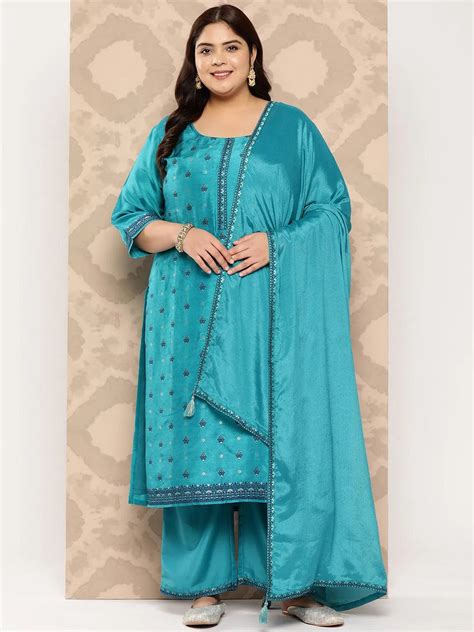 Buy Turquoise Blue Woven Design Silk Blend Straight Kurta With Trousers ...