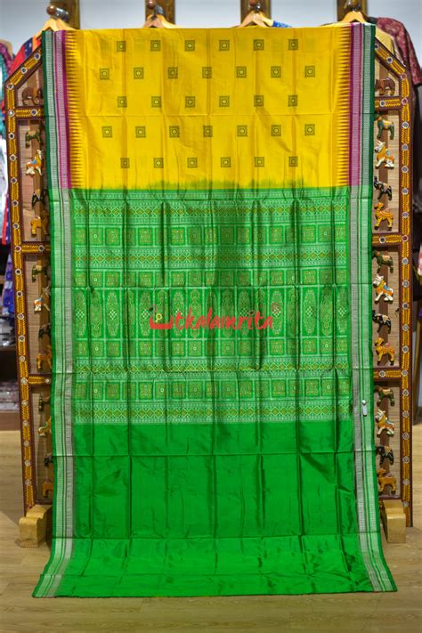 Yellow Rani Green Double Border Bomkai Silk Saree