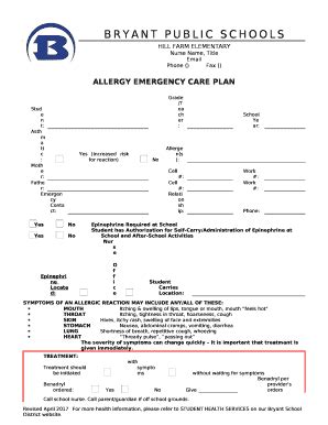 ALLERGY EMERGENCY CARE PLAN Doc Template | pdfFiller