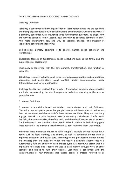 THE Relationship Between Sociology AND Economics - Sociology II - Studocu