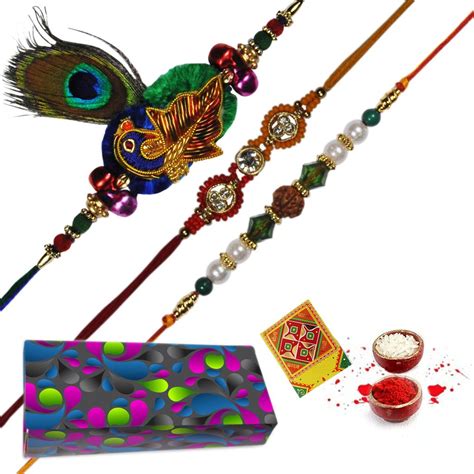 Buy Beautiful Pearl With Rudraksha And Morpankhi Rakhi : Set of 3 ...