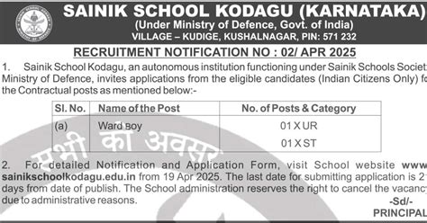 Sainik School Kodagu Ward Boy Recruitment 2025 Apply for 02 Posts