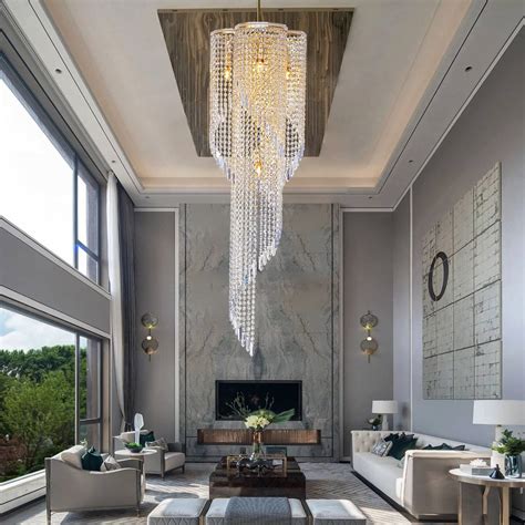 YOVINO High Ceiling Chandeliers for Entryway Gold Spiral Crystal ...