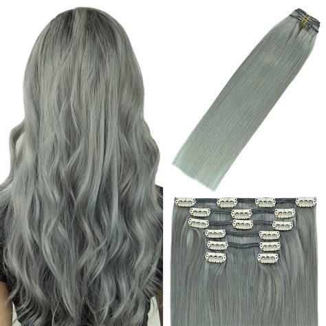 Amazon.com : WindTouch Clip In Human Hair Extensions Virgin Hair Gray ...