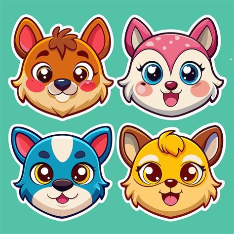 Four cartoon animal faces with big eyes pink cheeks and happy smiles ...
