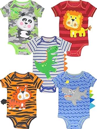 Buy Baby Boy 5 Pack Animal Onesies Lion Panda Dinosaur Tiger Shark (0-3 ...