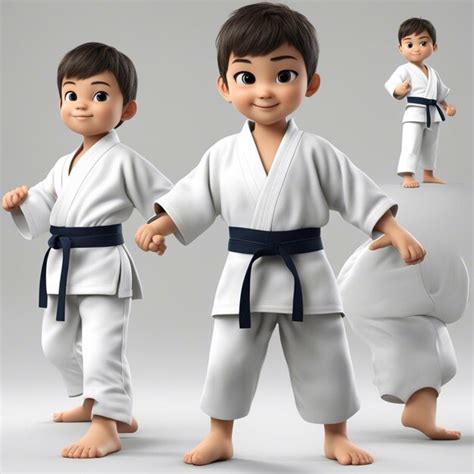 Ein süßes Karate-Tigerkind mit Karate-Tüchern auf weißem Hintergrund ...