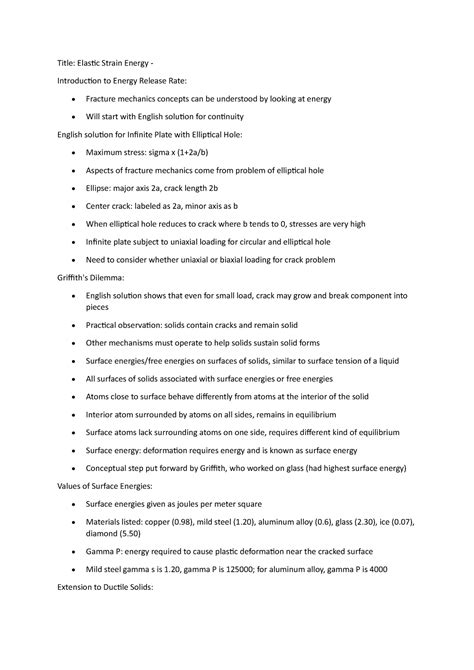 Engineering Fracture Mechanics Notes 3 - Title: Elastic Strain Energy ...