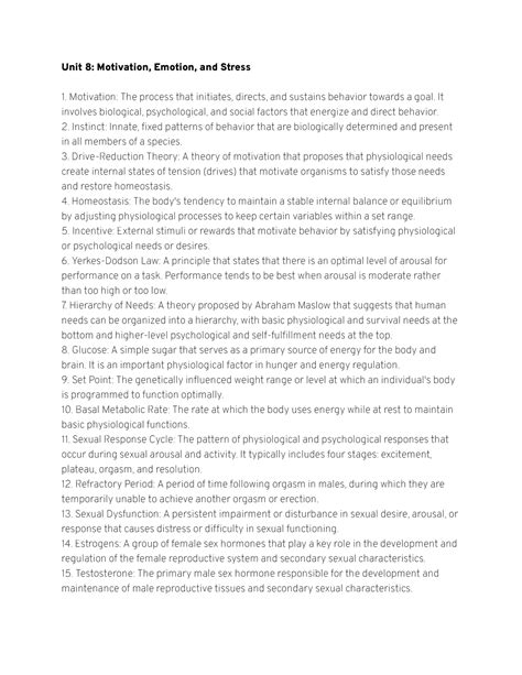 AP Psychology Vocab List Unit 8-14 - Unit 8: Motivation, Emotion, and ...