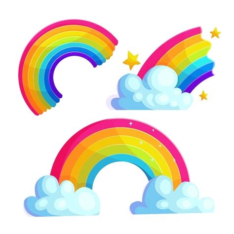 Bright rainbows cartoon vector stickers set. colorful arcs with clouds ...