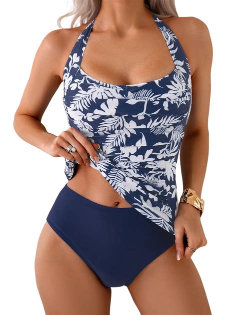 Eomenie Womens Halter Tankini Bathing Suit Ruched Tummy Control Two ...
