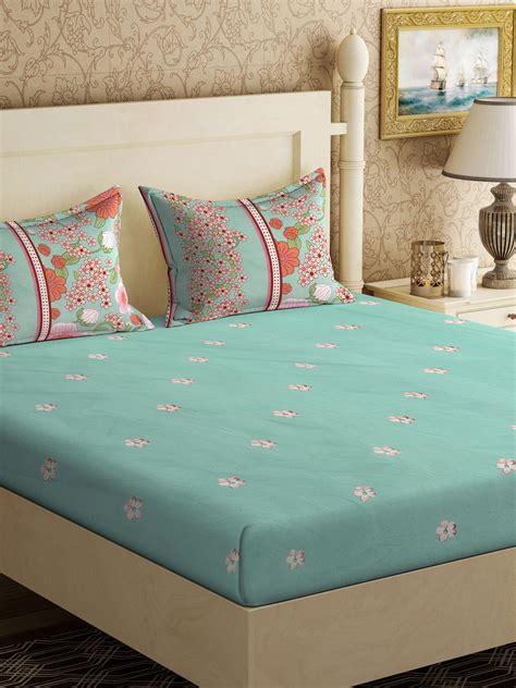 Klotthe Green Floral 300 TC Cotton Blend Double Bedsheet with 2 Pillow ...