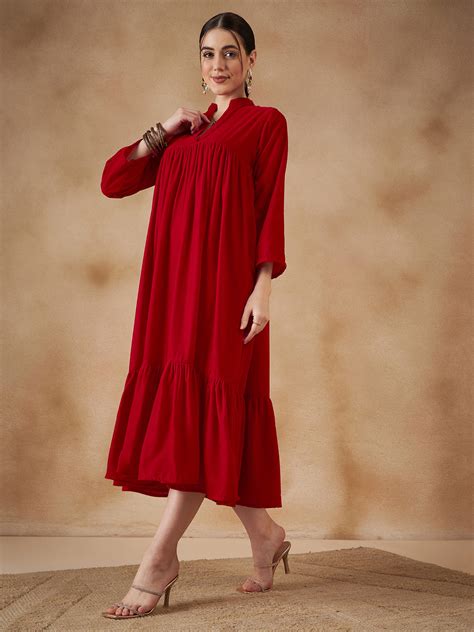 Red Velvet Manderia V Neck Flared Dress
