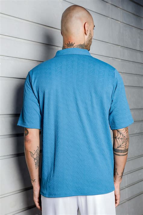 Blue Textured Polo Neck Oversized Streetwear T-shirt – House of Koala