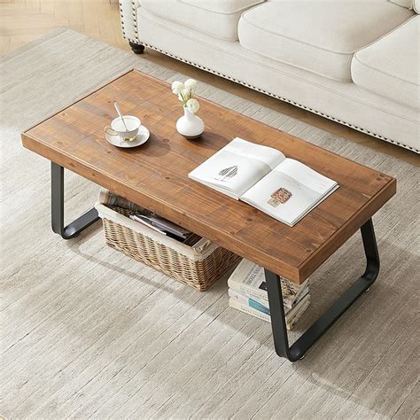 IBF Rustic Wood Coffee Table, Industrial Metal and Real Wood Center ...