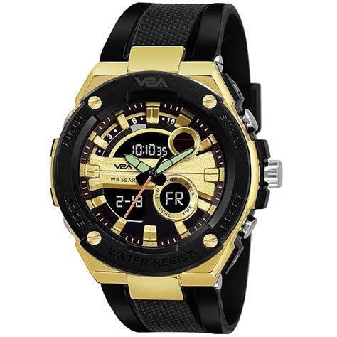 Buy V2A Analogue - Digital Men's Watch (Golden Dial Black Colored Strap ...