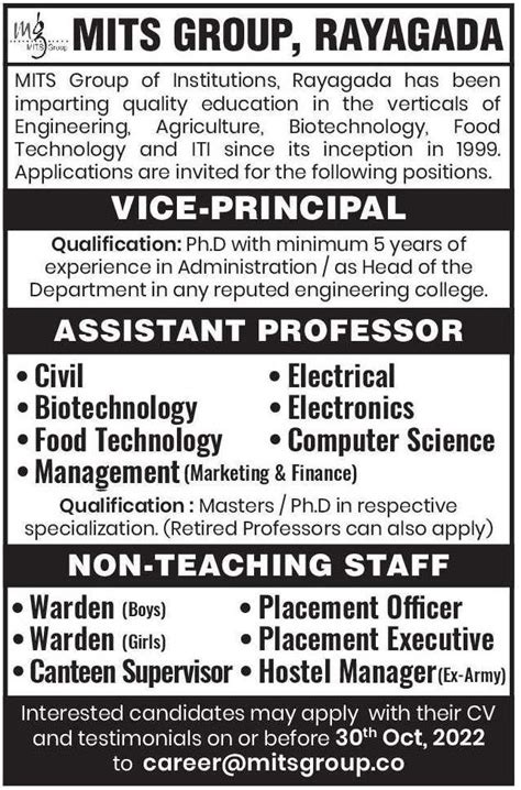 MITS Rayagada Biotech/Foof technology Faculty Jobs