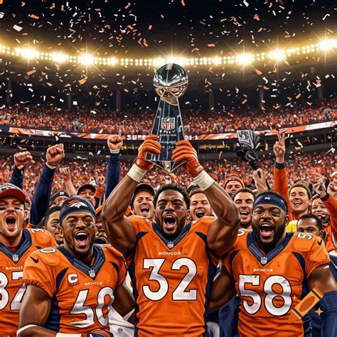 Denver Broncos players celebrate winning the Super Bowl, holding the ...