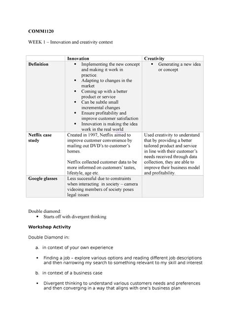 Week 1 - COMM1120 double diamond and intro - COMM WEEK 1 – Innovation ...