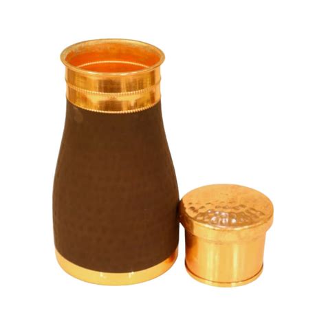 Copper Hammered Silk Finish Bedside Carafe Bottle with Inbuilt Glass (1 ...