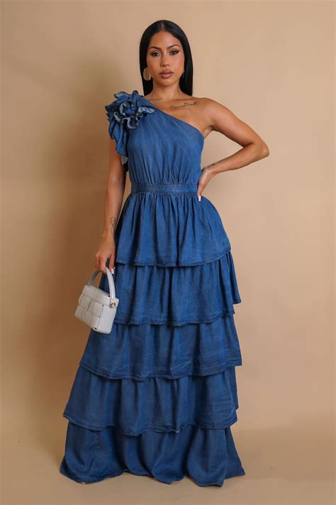 Ruffled One-Shoulder Tiered Maxi Dress- Denim - Palazzo Couture Online