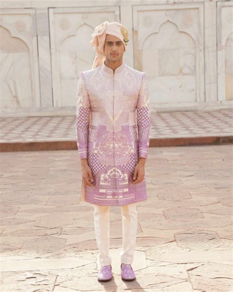 Shop the new designer off white-based, lavender ombre sherwani