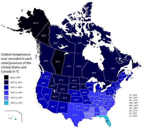 Coldest temperatures ever recorded in the states/provinces of the ...
