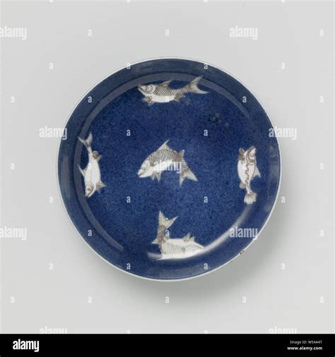 Saucer-dish with powder blue and fish, Dish with round wall of ...
