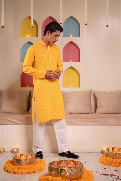 Firangi Yarn Lucknowi Chikankari & Sequin Work Kurta For Men Haldi Yel