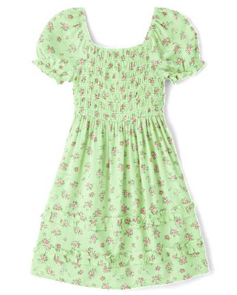 Girls Short Sleeve Floral Print Smocked Ruffle Dress - GREEN | The ...