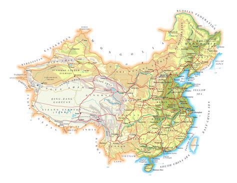 Large elevation map of China with roads, cities and airports | China | Asia | Mapsland | Maps of ...