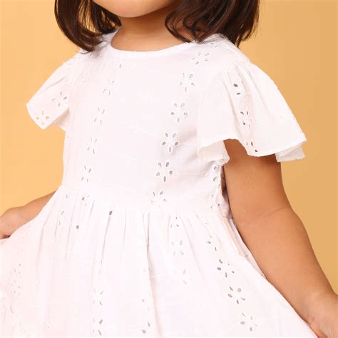 100% Cotton White Schiffli Flutter Sleeves Dress– Cuddly Buddly