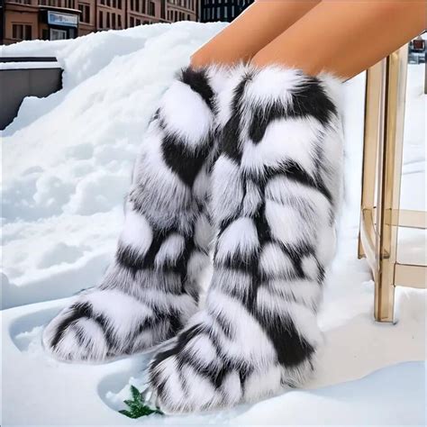 Women Winter Fluffy Faux Fur Knee High Snow Boots Y28K Outdoor Fashion ...