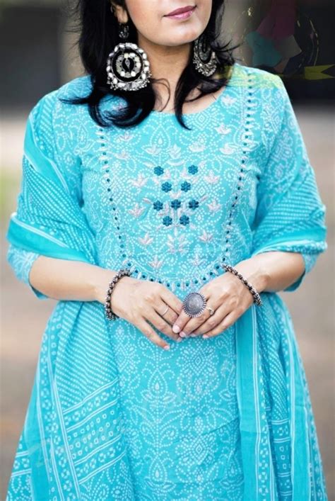 Sky Blue Bandhani Printed Embroidered Kurta Pant Set with Dupatta ...