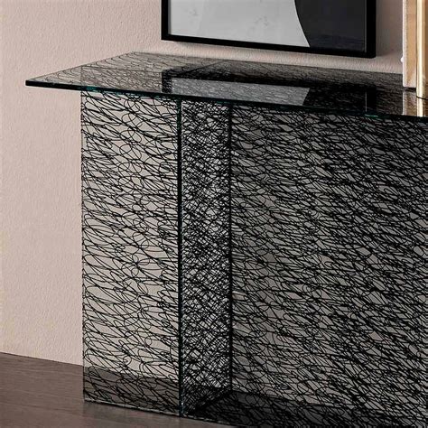 Living Room Consolle in Decorated Extraclear Glass Made in Italy