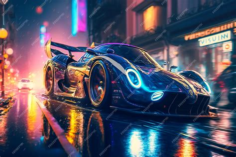 Premium Photo | Aerodynamic sports car races through neonlit urban streets at night