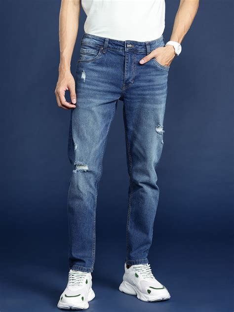 Mast & Harbour Men Navy Blue Carrot Low Distress Light Fade Stretchable ...