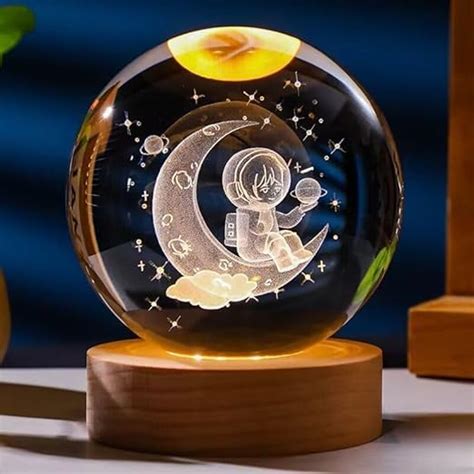Desidiya 3D Moon Astronaut Crystal Ball Night Light with Wooden Base ...