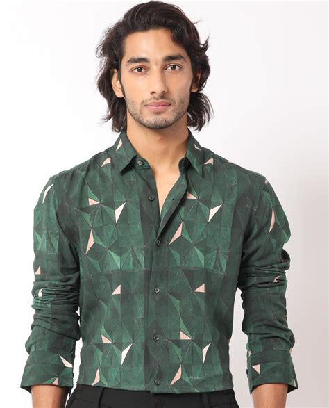 Rare Rabbit Men's Mose Green Viscose Geometric Print Regular Fit Full