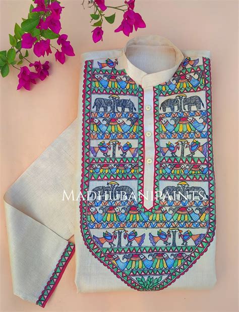 Hathi Mor Machli Hand-painted Madhubani Men's Tussar Silk Kurta ...