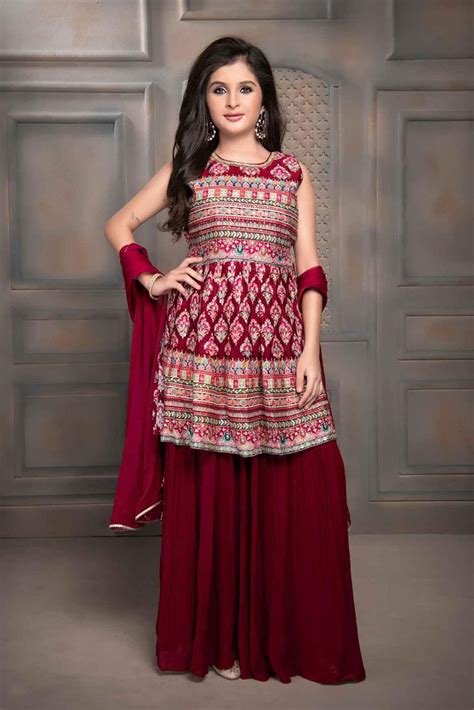 Elegant Maroon Peplum Top Sharara Set With Block Print For Girls ...