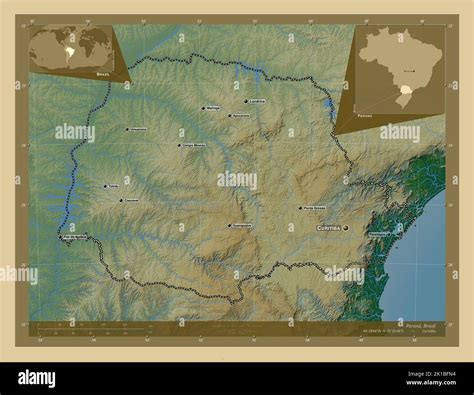 Parana, state of Brazil. Colored elevation map with lakes and rivers. Locations and names of ...