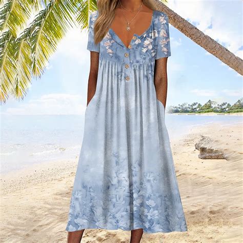 TIANEK Womens Summer Dresses: Blue Printed V-Neck Short Sleeve Sundress ...