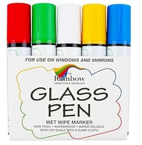Glass Pen Markers Large Red, Yellow, Blue, Green, White 5 Pack - Write ...