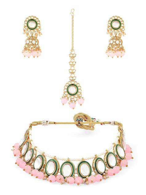 Buy ZAVERI PEARLS Pink Beaded Green Meenakari Kundan Choker Necklace ...
