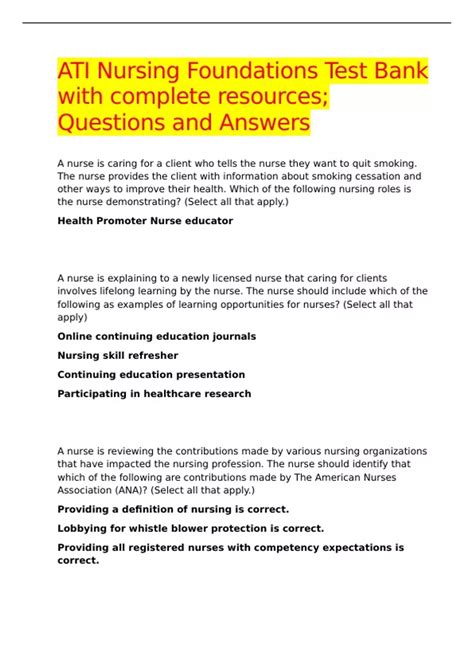 ATI Nursing Foundations Test Bank with complete resources; Questions ...