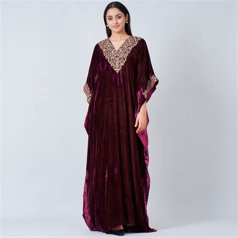 Maroon Embroidered Silk Velvet Full Length Kaftan – First Resort by ...
