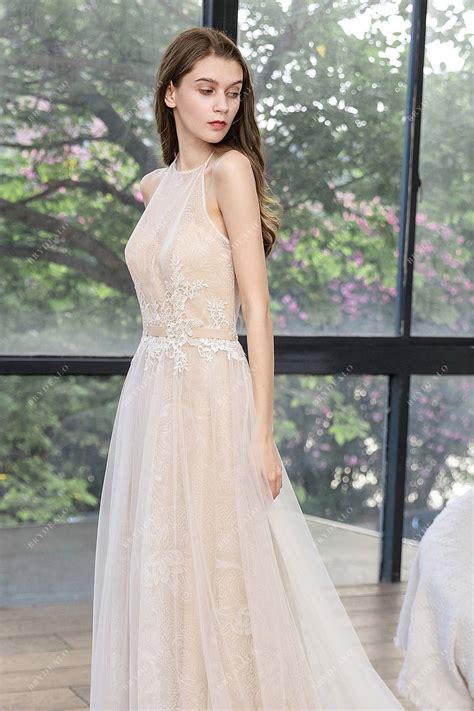 Twinkling Halter Neck Lace Designer Nude Open Back Beach Bridal Gown